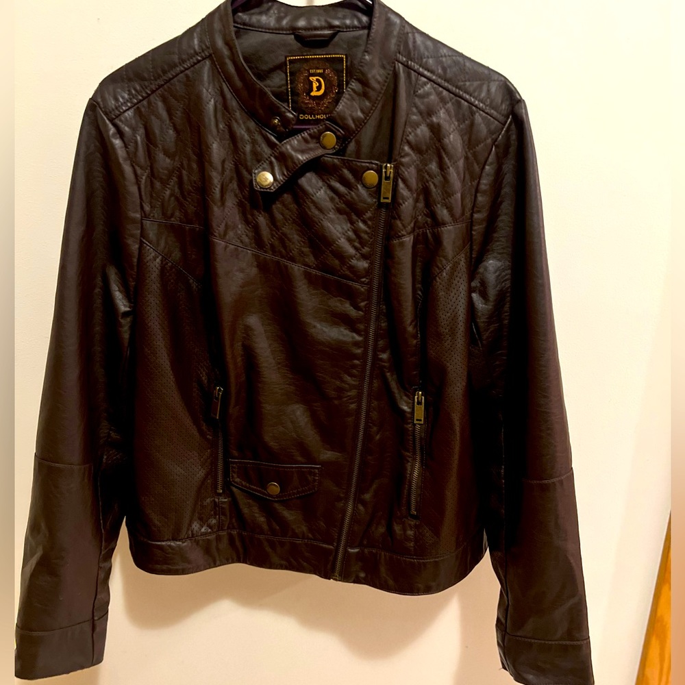 Dollhouse Womens Faux Leather Jacket Juniors Size 1X Brown Asymmetrical Zip
